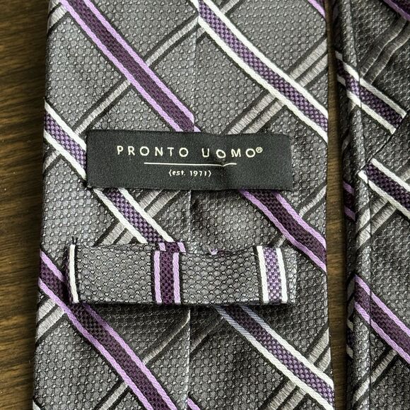 Pronto Uomo Men's Neck Tie 100% Silk Purple and Black Classic 60" - Picture 5 of 7